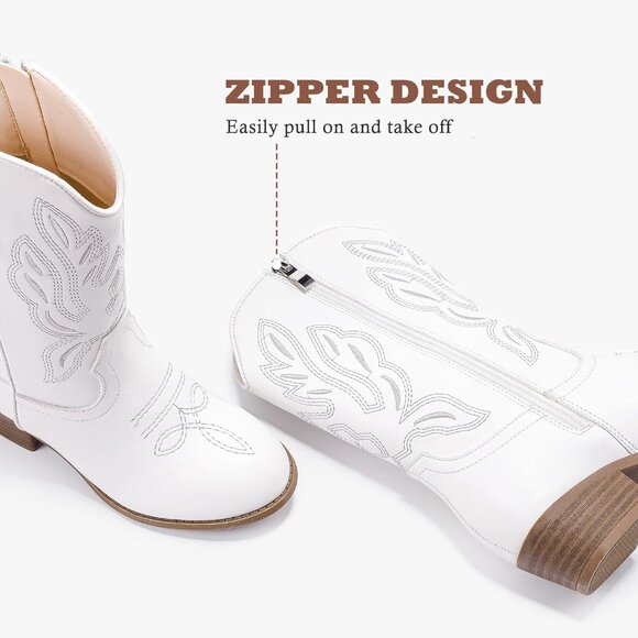 Kids White Pointed Toe Side Zipper Classic Embroidered Horse Riding Shoes - Picture 5 of 7